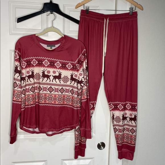 PJ Salvage Pajama Set Women’s Sz Large Pink Fair Isle Reindeer Slinky Knit Soft - Picture 5 of 15